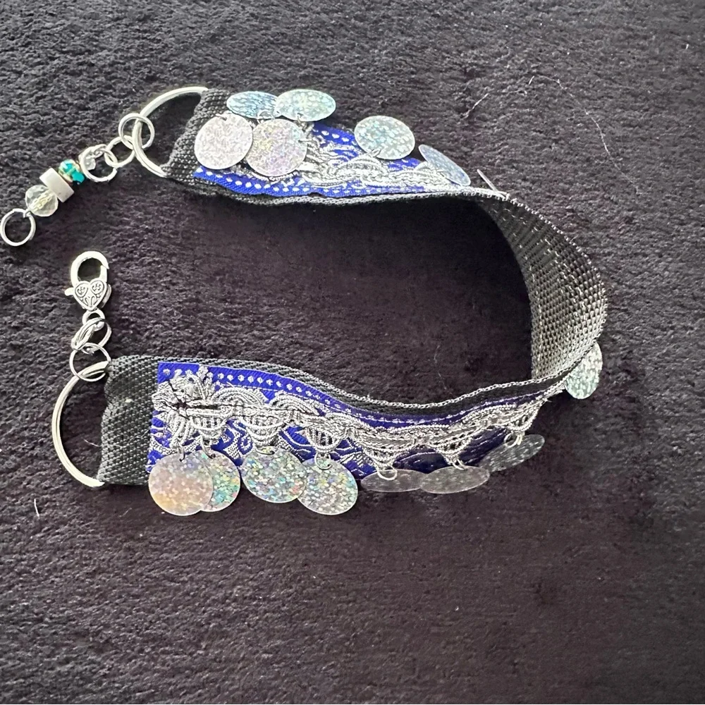Festival Choker Necklace Handmade Navy + Silver Iridescent Sequin Coins Signed - Picture 4 of 15